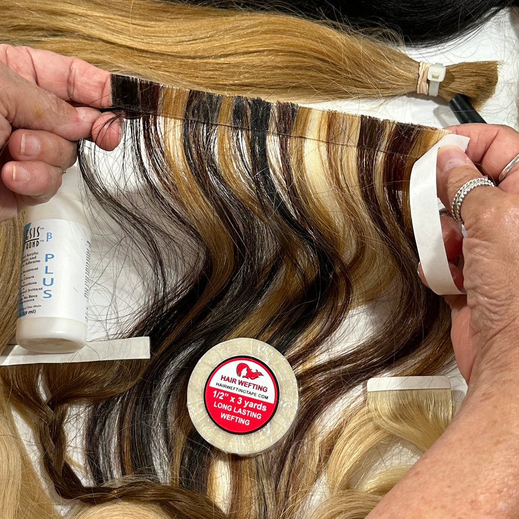 Make your own piano colored hair weft extensions using our hair wefting tape1 /2" x 3 yard 